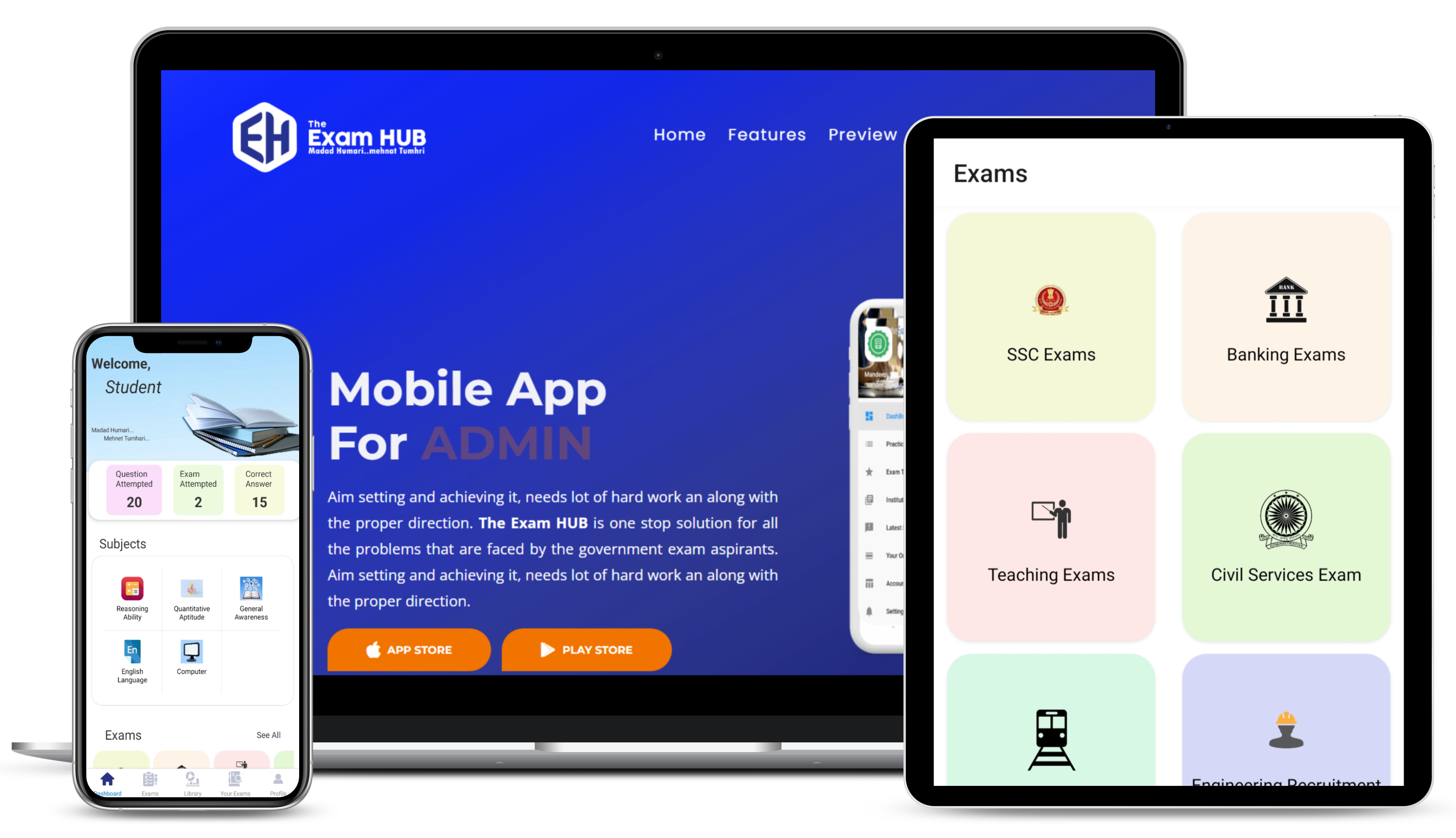 The Exam Hub AI platform dashboard showing smart analytics, performance tracking, and personalized mock test recommendations for competitive exam preparation